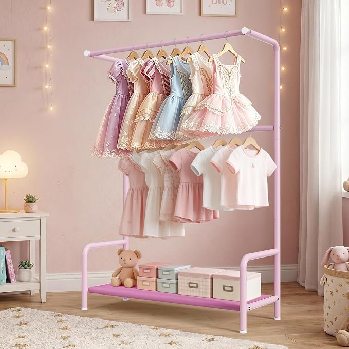 LOVEGRASS Kids Clothing Rack Double Rods for Bedroom Playroom Pink | Double Rod Design, Powder Coated Steel, Bottom Storage Shelf, for Baby Toddler Clothes, Dress Up, Nursery, Bedroom, Playroom