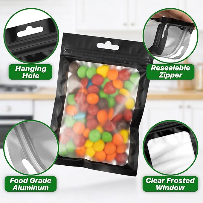 100 PCS Resealable Mylar Bags with Zipper and Frosted Clear Window Smell Proof Packaging Bags Foil Pouch Zipper Bag for Food Self Sealing Storage Supplies (Black, 3.54x6.29)