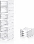 6-Tier Clear Shoe Storage Boxes, Collapsible, No Assembly | Six plastic compartments fold flat when not in use and stack vertically, with transparent doors for easy viewing and access.