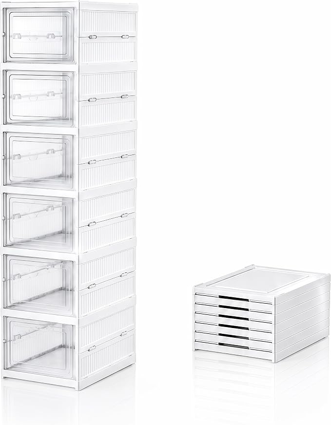 6-Tier Clear Shoe Storage Boxes, Collapsible, No Assembly | Six plastic compartments fold flat when not in use and stack vertically, with transparent doors for easy viewing and access.