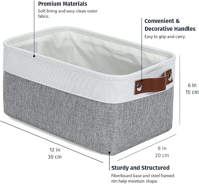 OrganiHaus 12x8in Canvas Storage Baskets 6 Pack | SMALL Fabric Bins for Shelves | Pantry & Bathroom Organizer | Gray/Off-White