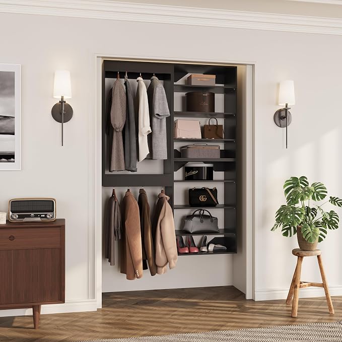 ROOMTEC Modular Closet System, 40" Wall-Mounted Closet Organizer with Hanging Rods and Shelves, Wooden Tower for Walk-In Closets, Wardrobe Storage Kit, Black