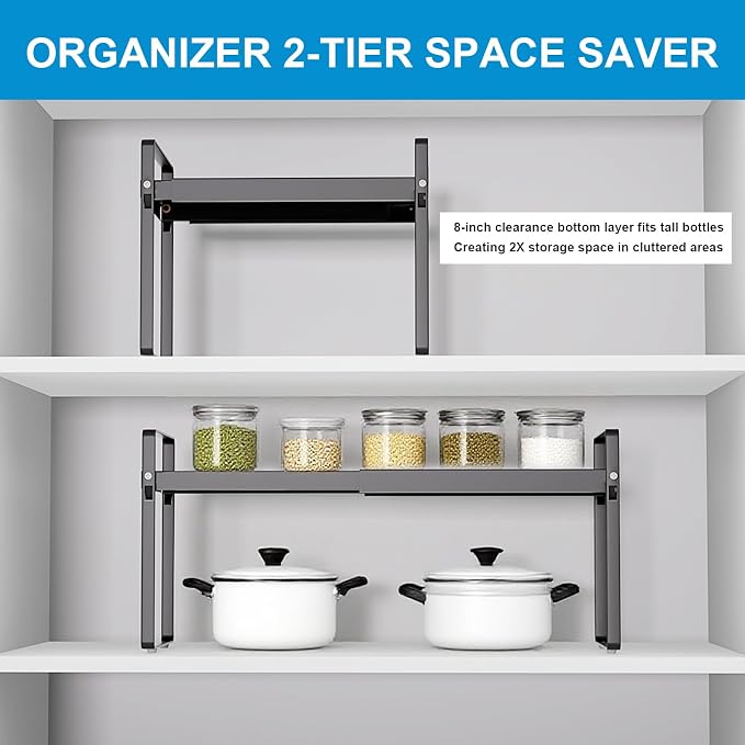 11" Deep Expandable Cabinet Organizer Shelf Riser, 14-25" Adjustable Heavy Duty Metal Pantry Storage Rack for Kitchen Cupboard, Under Sink & Countertop, 10" High Space Saver, 1-Pack Black﻿