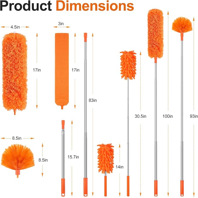 Cobweb Duster with Extension Pole, Pole5-Piece Spider Web Brush with Pole Kit, 100" Telescoping Microfiber Feather Dusters for Cleaning, Bendable Washable Dusters for High Ceilings, Ceiling Fans