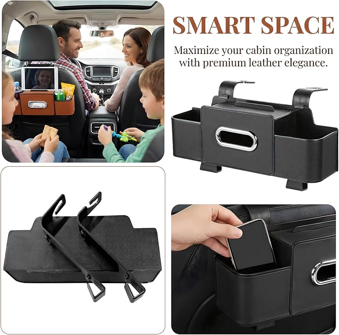 Car Back Seat Organizer, 3-in-1 Auto Seat Back Organizer with Tissue Box, Cup Holders & Hooks, Multifunctional Vehicle Backseat Hanging Organizers for Phones Drinks Handbags (Black)
