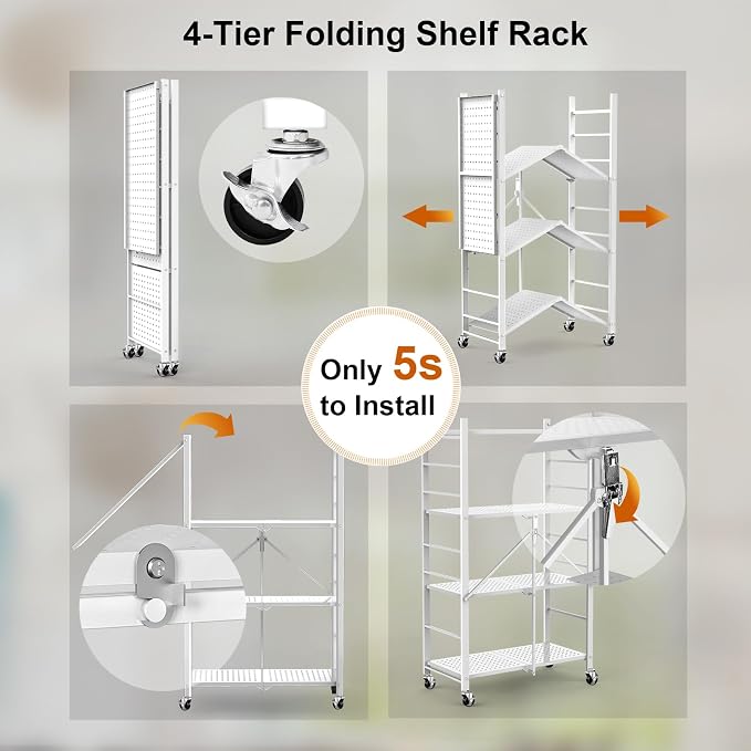 Himix Storage Shelves with 20 Hooks, 4-Tier Foldable Shelves for Storage, Folding Shelf Unit Pantry Shelves with Wheels, Metal Shelving Storage Rack Shelf for Kitchen Garage Home, White - No Assembly
