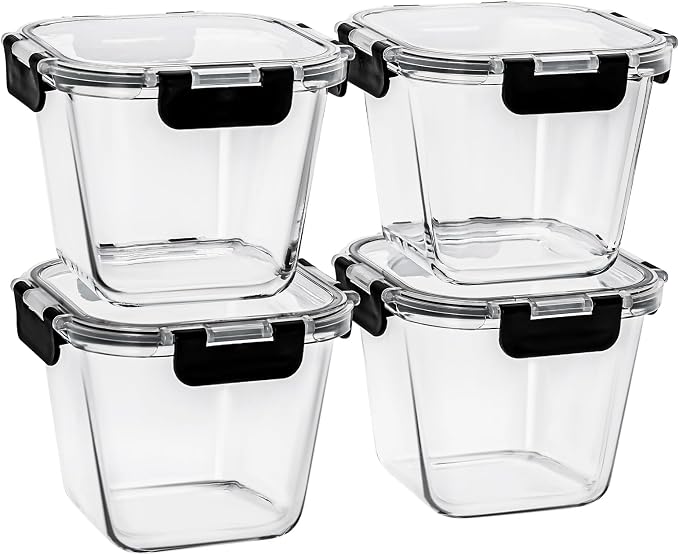 32 oz Glass Soup Containers with Lids, 4 Cup Glass Storage Containers with lids, Airtight Leak Proof, Food Grade Glass Containers, Microwave, Oven, Freezer and Dishwasher, BPA Free