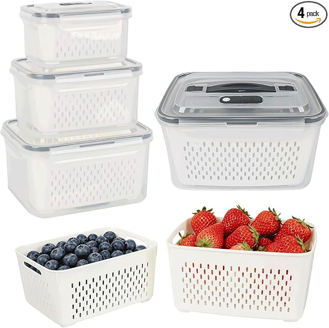 KUK 4 Pack Fruit Storage Containers for Fridge, Leakproof Food Containers with Removable Colander, Fruit Containers for Fridge BPA Free Produce Containers Keep Vegetables Berry Meat Fresh Longer