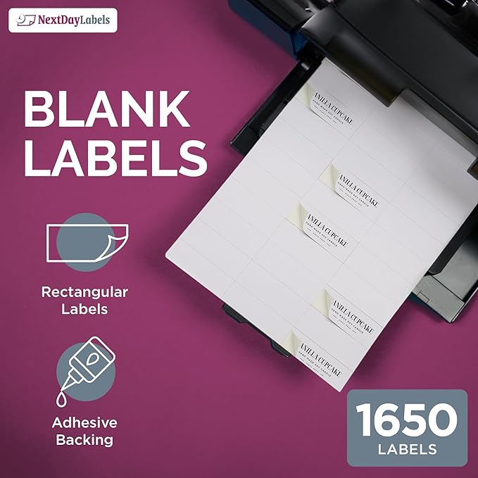 NextDayLabels 2.83x1 Inch Rectangle Stickers White Blank Labels for Laser Inkjet Printer - 33 Per Sheet Self-Adhesive Address Mailing Barcode Made in USA - 1650 Labels