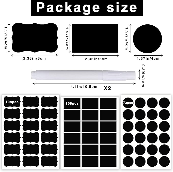 290 pcs Chalkboard Labels,Removable Blackboard Label Stickers,3 Assorted Shapes,with 2 White Chalk Marker,Erasable Reusable Waterproof Label for Storage Bin,Food Container,Mason Jars,Jars