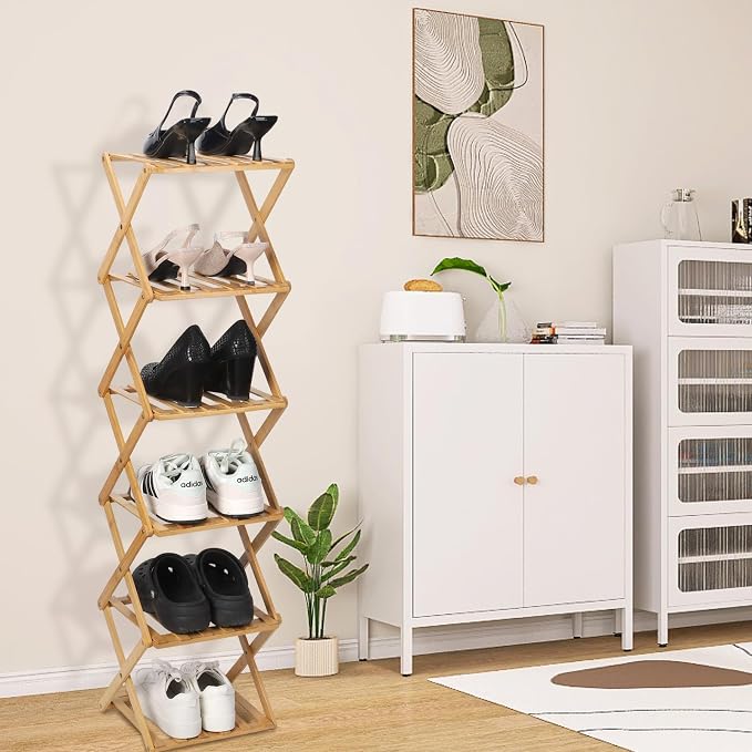 Bamboo Shoe Rack 6 Tier Foldable Shoe Rack for Entryway | Narrow Vertical Shoe Organizer Free Standing Shelf, Multifunctional Slim Storage for Bedrooms Living Room Corner