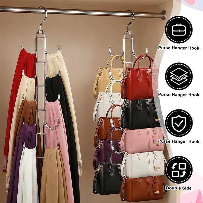 4 Pack Purse Organizer for Closet, Purse Hanger with 10 Big Hooks, 360 Degree Rotation Bag Holder for Organizer Display, Foldable Space Saving Hangers Rack for Handbag, Belt, Scarve, Tie