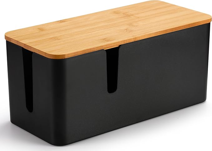 ZhiYo Large Cable Management Box, Thick ABS Power Strip Organizer, Black | Extra-Tall Design for Oversized Adapters, Natural Bamboo Lid, Fits Power Strips Up to 12.5" Long, Ideal for Desks, TV Areas