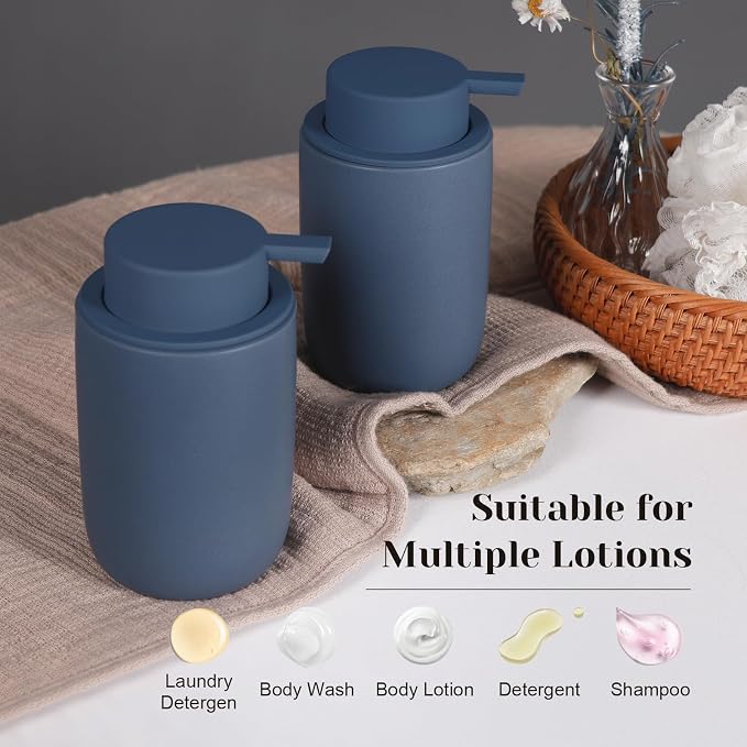 INGOFIN Ceramic Soap Dispenser Set, 2 Pack (12 oz) Bathroom Hand Soap Dispenser with Pump, Liquid Hand and Dish Dispenser Set with 8 Pcs Clear Stickers, for Kitchen -Matte Blue