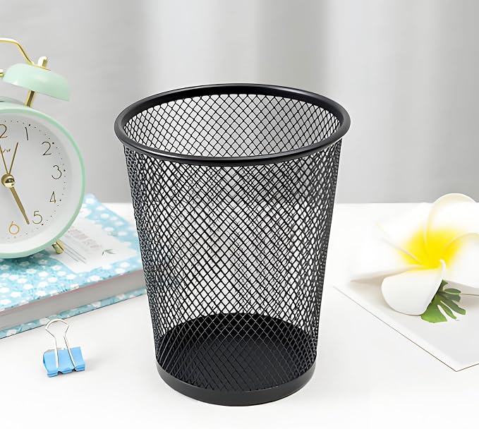 AIMI Pencil Case 5pcs Large Capacity Container Metal Mesh Pen Cup Office School Home Desk Pen Storage Organizer Can Makeup Holder Round Black