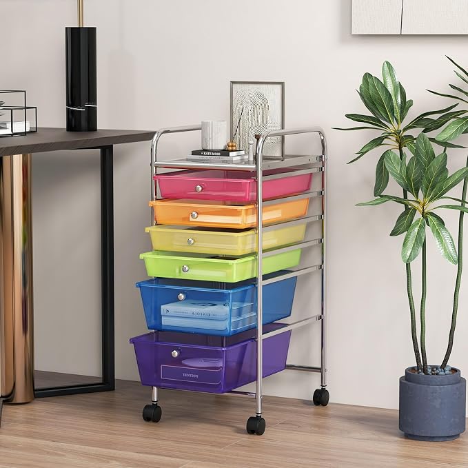 GOFLAME 6-Drawer Rolling Storage Cart, Multifunctional Art Craft Organizer Cart, Mobile Utility Storage Cart with Removable Drawers & Lockable Wheels, Craft Cart for Home Office, Rainbow