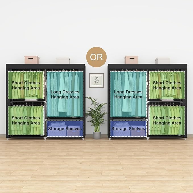 MOGELAFOO 62.5” Portable Closet, Freestanding Wardrobe Clothes Rack with Fabric Cover, 3 Hanging Rods and 4 Storage Shelves for Bedroom, Black