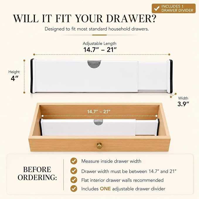 Adjustable Drawer Dividers, 1 Pack, Expandable 14.7–21” Drawer Divider Organizer with Non-Slip Ends for Kitchen, Dresser, Closet & Bathroom