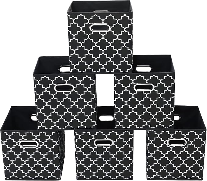 Fabric storage bins Cubes, Fabric Cube Organizer with Handle, Foldable Cube Bins for Cloth or Accessary Storage, 11x11x11 set of 6,Black Light