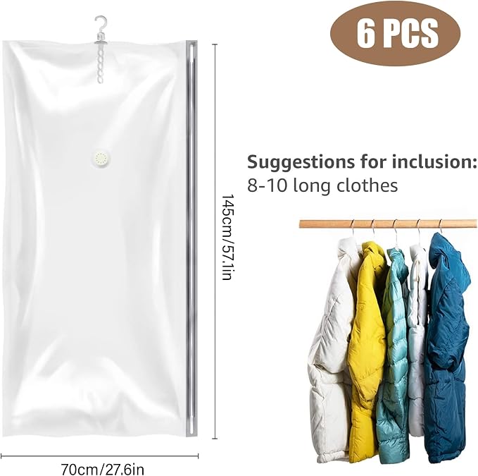 6 Pack Hanging Vacuum Storage Bags, Vacuum Storage Bags For Clothes, Space-saving Closet Organizer, 27.56x57.09 Inch Hanging