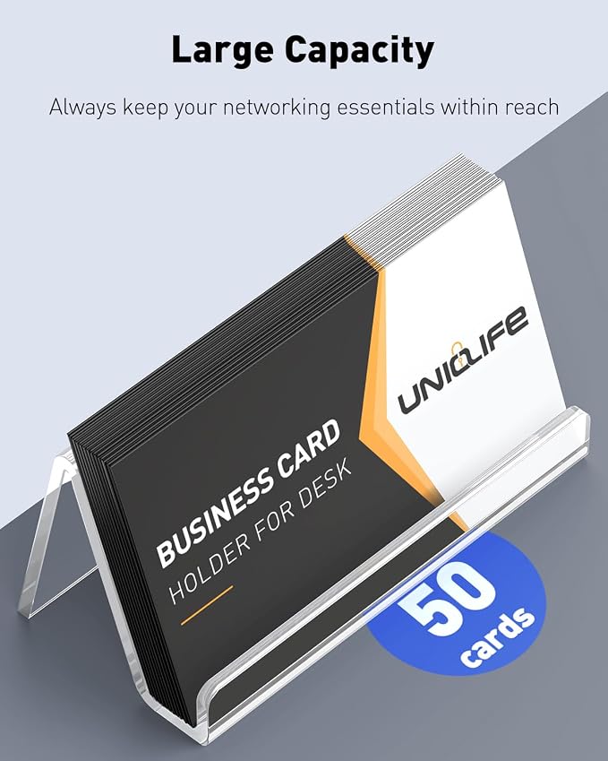 Uniclife 4 Pack Acrylic Business Card Holder for Desk, 50 Card Capacity | 3.5" x 1.9" x 2" Clear Horizontal Business Card Display Stand, Desktop Business Card Organizer for Office, Index Card Holder
