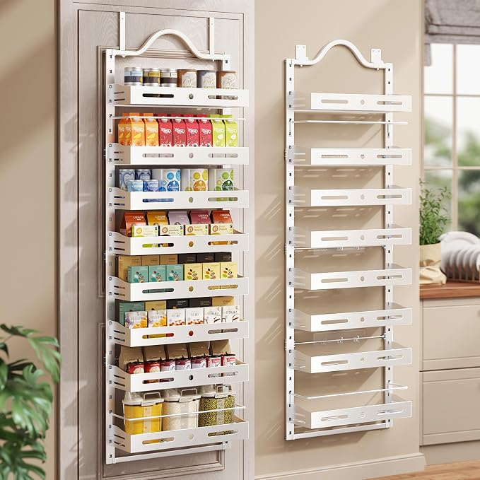 8-Tier Pantry Door Organizer, Large 2 IN 1 Wall Mount or Over The Door Pantry Organizer, Pantry Door Spice Rack with Adjustable Baskets, Over Door Organizer for Kitchen,（72.6×17.1×5.1in, White)