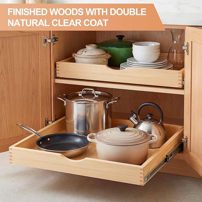 Menkxi 2 Set Wooden Pull out Cabinet Organizer Fully Assembled Slide out Pantry Drawer with Gentle Close Storage Shelf Tray for Base Kitchen Under Sink Bathroom Accessory(Wood Color,27'' X 21'' X 3")