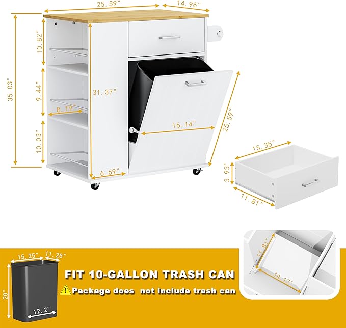 HQZX Rolling Kitchen Island with Trash Can Storage, Portable Kitchen Island on Wheels with Towel Rack & Spice Rack, Tilt Out Trash Can Cabinet with Drawer, Mobile Island Cart (White)