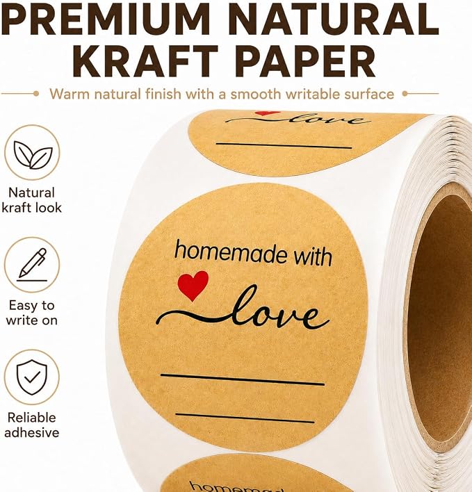 500 Kraft Canning Labels 2 Inch Round Sticker Labels, Homemade with Love Labels, Round Labels for Jars, Mason Jar Labels, Bakery Stickers, Candle Labels & Small Business Packaging
