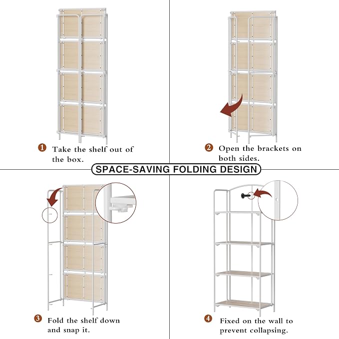 Crofy 4-Tier Foldable Bookshelf, White Frame & White Oak Shelves | No-Assembly Collapsible Portable Storage Organizer; Sturdy White Oak Finish Shelves; Ideal for Living Room & Home Office