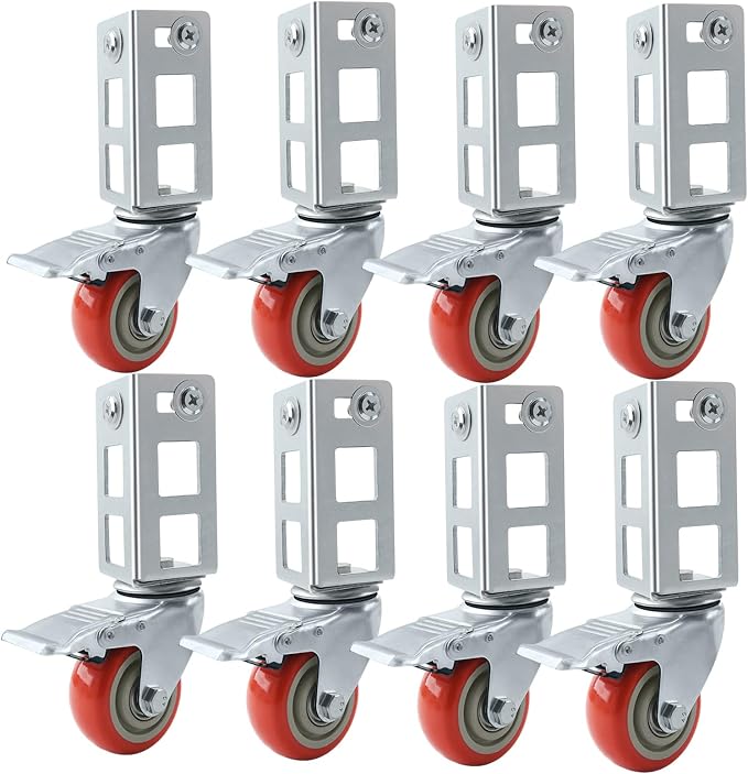 8PCS Storage Rack Caster Wheels,3" Heavy Duty Casters with Brake,Ball Bearing,Storage Shelf Accessories Fit for Boltless Self Locking Shelving Racks,1000LB Max Total Capacity(Red)