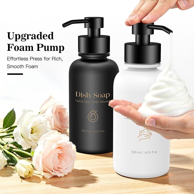16.9 Oz Glass Foaming Soap Dispenser 2 Pack (Black+White) | Refillable Hand & Dish Soap Pump, With Silicone Tray & 8 Waterproof Labels, For Bathroom & Kitchen，Perfect Housewarming Gift