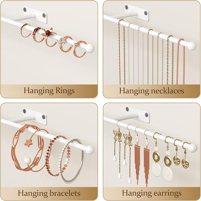 Wall Hanging Jewelry Organizer: 12.6'' Necklace Holder for Earring, Bracelet, Rings, Hairband, Glasses, White 2-Pack, Screws Included