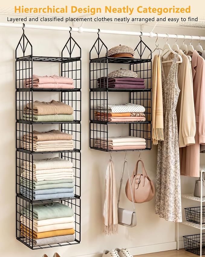2 Pack Hanging Closet Organizer and Storage, 5 Tier & 3 Tier Metal Wire Closet Shelves with 8 S Hooks, Hanging Storage Shelf for Clothes Shoes Sweaters Handbags Laundry