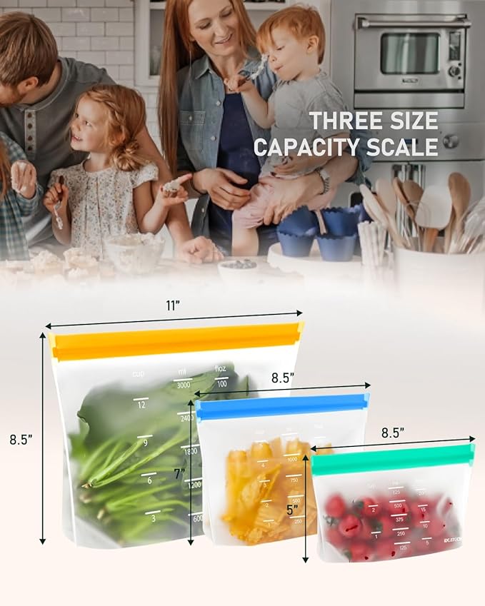 IDEATECH Reusable Gallon Freezer Bags Dishwasher Safe, Leakproof Reusable Gallon Bags Stand Up, Extra Large & BPA Plastic Free Food Storage Containers for Meats, Veggies(6 Pack)