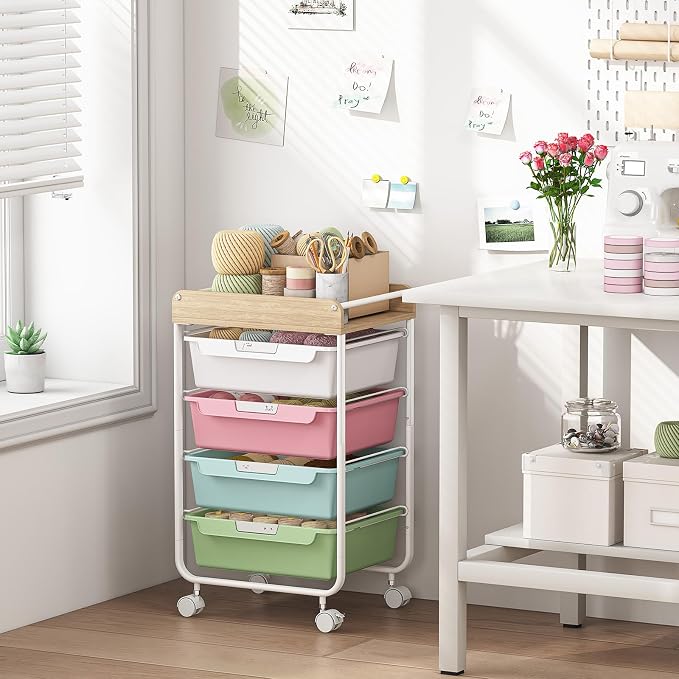 SYKIARIOL Rolling Storage Utility Cart with 4 Drawers,Kids Craft Art Cart,Makeup Organizer and Storage with Wooden Tabletop,Colorful