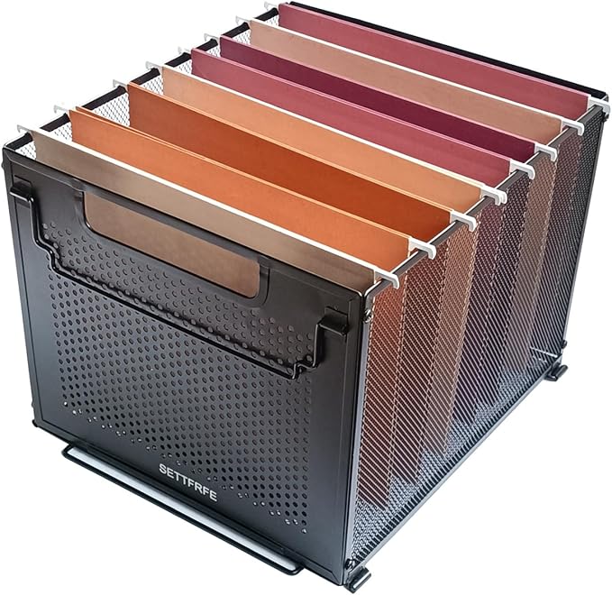 SETTFRFE Metal Hanging File Folder Organizer with Handle,Letter Size,Black | Perforated Metal Plate File Crates for Hanging Folders,Stackable Filing Basket for Office,Classroom & Home
