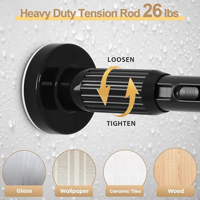 Black Tension Curtain Rod 41-146In(4-12Ft), Extra Long Outdoor Curtain Rod No Drilling for Window or Bathroom Patio, Adjustable Heavy Duty Shower Rod,Rod Diameter 1.26In-One-bond stretching