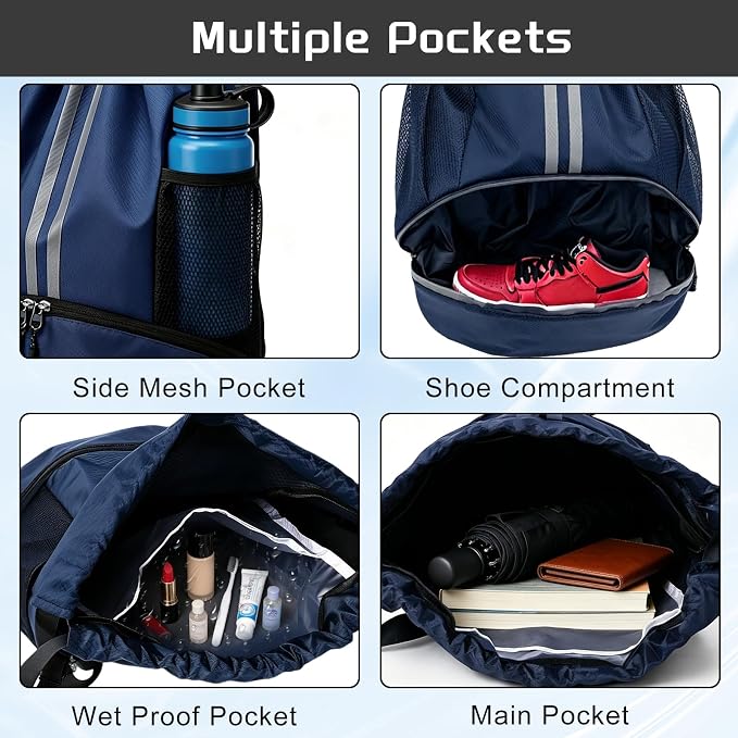 Navy Blue Sports Drawstring Backpack with Shoes Compartment, String Gym Bag with Wet Proof Pocket for Basketball, Soccer, Swim, Sport Bag for Men and Women