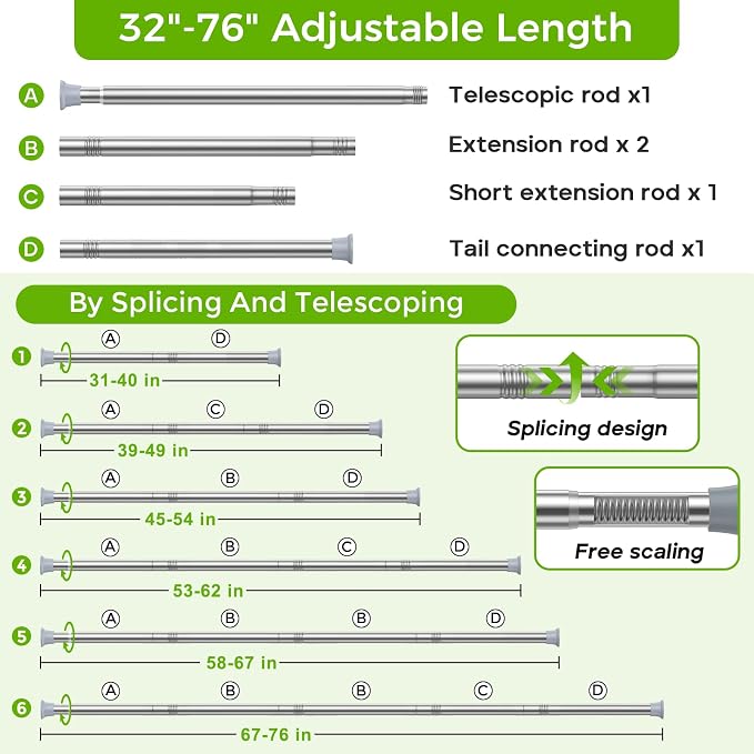 Silver Shower Curtain Rod 32 to 76 Inches Adjustable, 7/8 Inch Diameter Heavy Duty Tension Curtain Rods No Drill, Rust-Resistant Tension Rod for Bathroom, 1 Pack