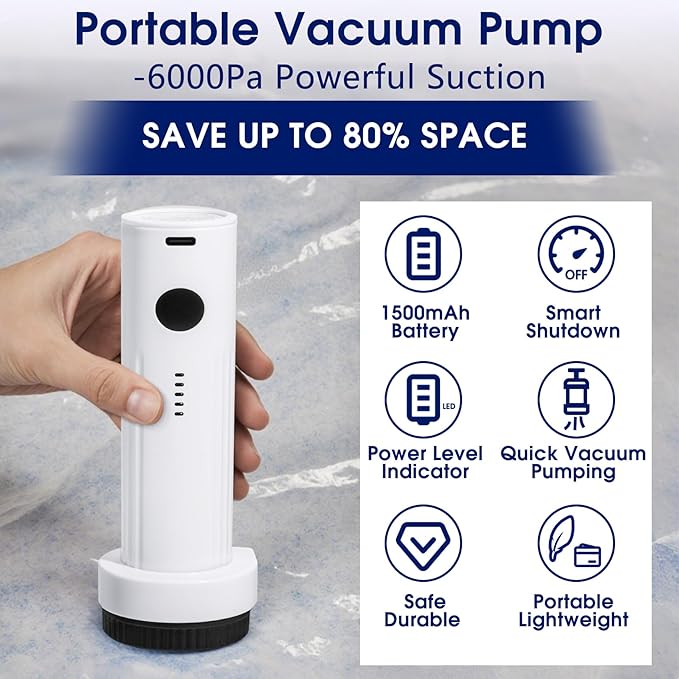 6Kpa Cordless Electric Vacuum Pump for Storage Bags, USB Rechargeable Portable Vacuum for Travel Air Pump Compression Bag Pumps for Clothes Bedding, White Black (No bags)