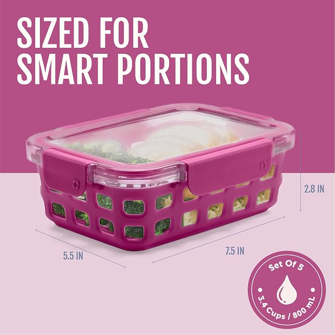 Ello Duraglass 3.4 Cup Meal Prep 10Pc,Set,Glass Food Storage Container with Silicone Sleeve and Airtight BPA-Free Plastic Lids,Dishwasher,Microwave & Freezer Safe,Evening Orchard,5 Count (Pack of 2)
