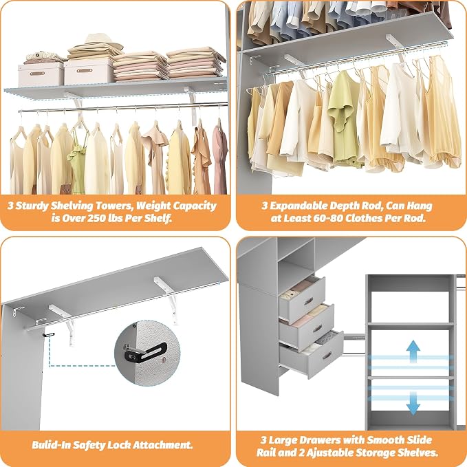 Armocity 120 Inches Closet System, 10FT Walk In Closet Organizer with 3 Shelving Towers, Heavy Duty Clothes Rack with 3 Drawers, Built-In Garment Rack, 120" L x 16" W x 75" H, Max Load 1300 LBS, Grey