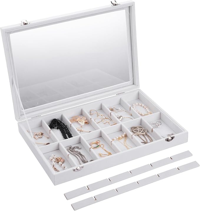 Frebeauty 24 Grid Earring Organizer,Velvet Jewelry Tray with Clear Lid | Drawer Jewelry Organizer for Rings Studs Brooch,Adjustable Divider,Dustproof Design,Earring Storage,Trinket Box,13.8×9.5Inch