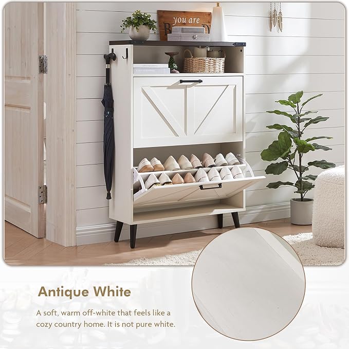 Barnyatoh Shoe Storage Cabinet,Farmhouse Shoe Organizer with 2 Flip Drawers & Barn Door Design,Freestanding Hidden Slim Narrow Shoe Rack Cabinet with Open Storage for Entryway, Foyer,Antique White