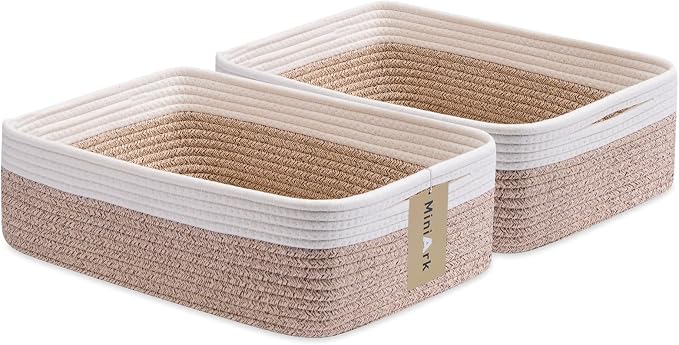 MiniArk Large Shallow Organizing Baskets 15x11x5.1 Inches - Rope Woven Storage Bins for Bathroom, Shelves, Cube Closet, White Mixed Brown 2 Packs