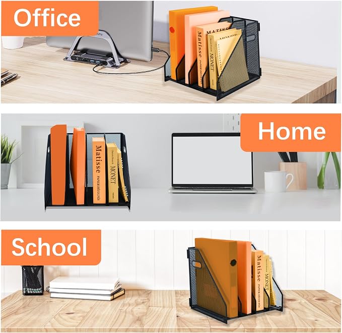 Desk file organizer metal desk magazine folder holder with 4 Vertical Compartments File Organizer for Office Home School, Black