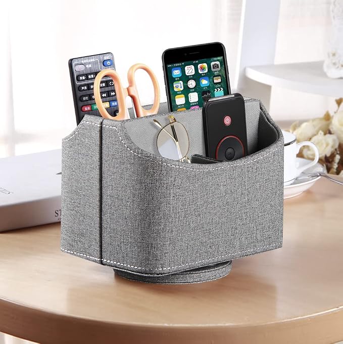 PU Leather 360° Rotatable Remote Control Holder,Nightstand TV Remote Caddy | Office Supplies Desktop Organizer,Spinning Storage Box for Pen,Mail,Phone,DVD, Blu-Ray, Media Player, Heater Controllers