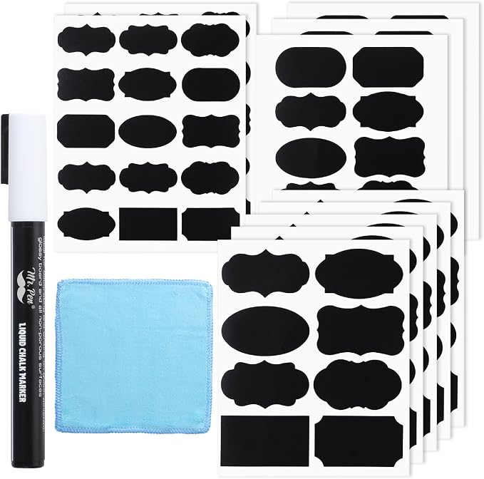 Mr. Pen- Chalkboard Labels, 100 pcs, Assorted Shapes | Waterproof Reusable Blackboard Stickers with 1 Erasable Liquid Chalk Marker for Mason Jars