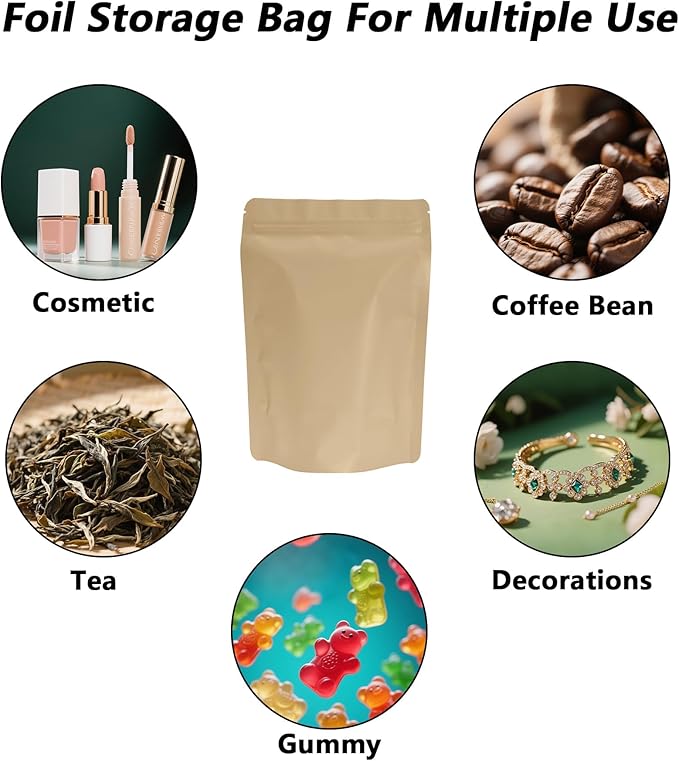 100PCS Smell Proof Resealable Pouch Bags,ULIFESTAR Aluminum Foil Flat Food Storage Bag,Sealable Pcsaging Zipper Pouches with Tear Notches for Pcsaging Lipgloss,Jewelry,etc(14*20cm/5.51*7.87",Gold)
